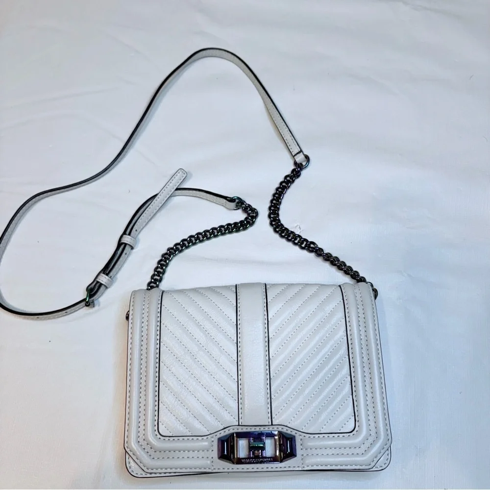 Rebecca Minkoff Ivory Chevron Quilted Small Love Crossbody with Iridescent metal